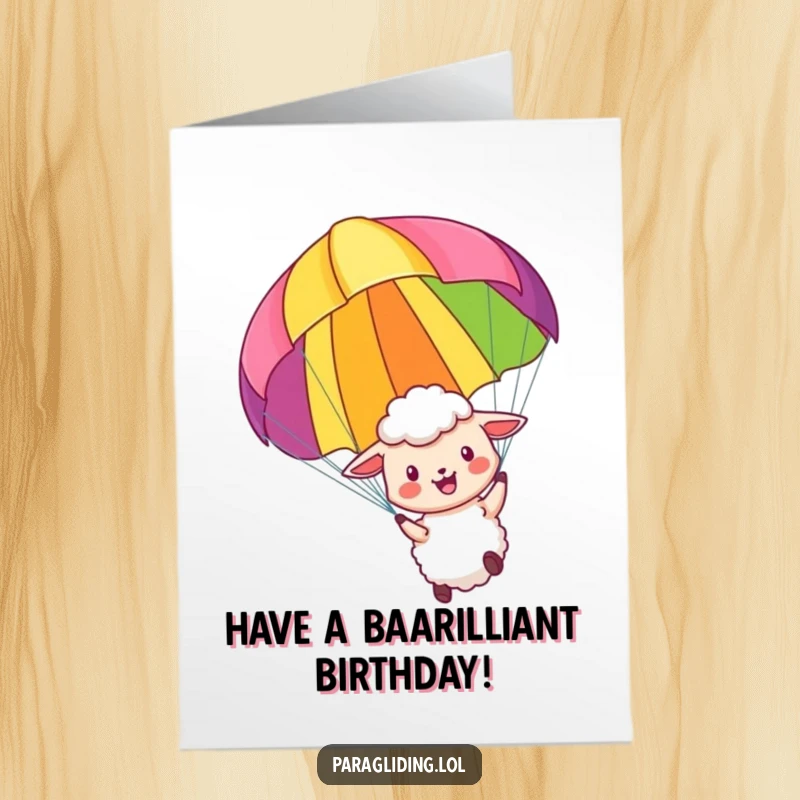 Funny Free Printable Birthday Card: A little sheep joyfully floats with a colorful paraglider, embracing adventure and fun.