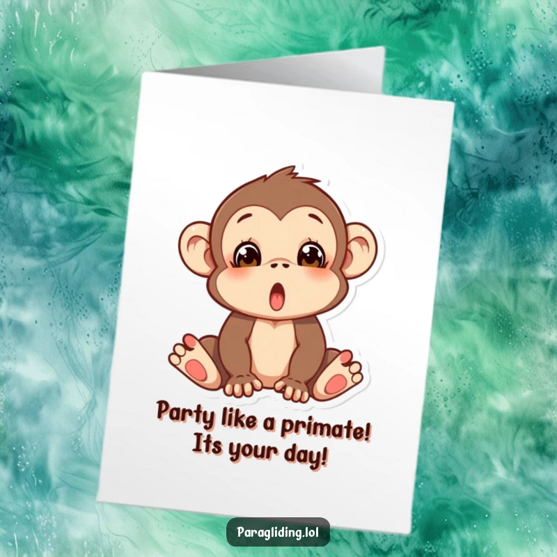 Funny Free Printable Birthday Card: Silly monkey with a surprised expression, mid-fall, ready to amuse.