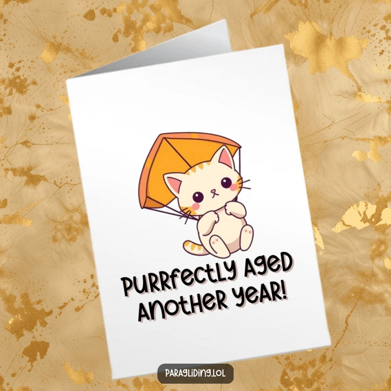 Funny Free Printable Birthday Card featuring a determined cat calmly paragliding, holding on tight.