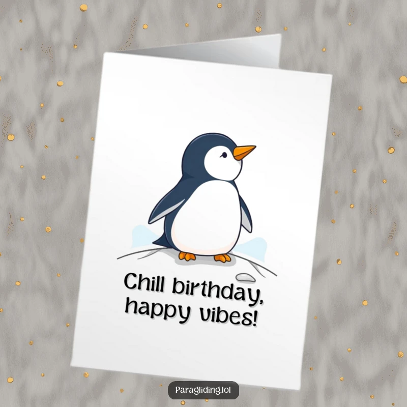 Funny Free Printable Penguin Birthday Card: A penguin serenely observing the vast landscape from a peaceful vantage point high above.
