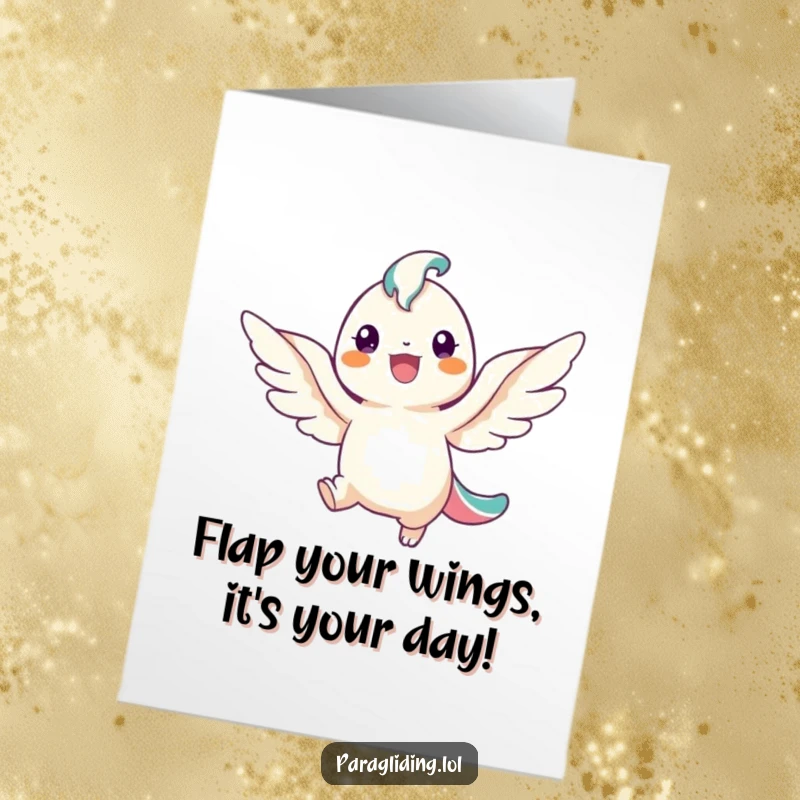 Funny Free Printable Birthday Card: Smiling angel with wings joyfully flying down, ready for celebration.