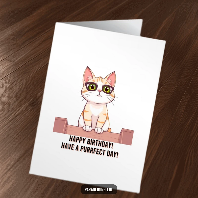 Funny Free Printable Birthday Card: A curious cat sits high above, observing the bustling world below with keen interest.