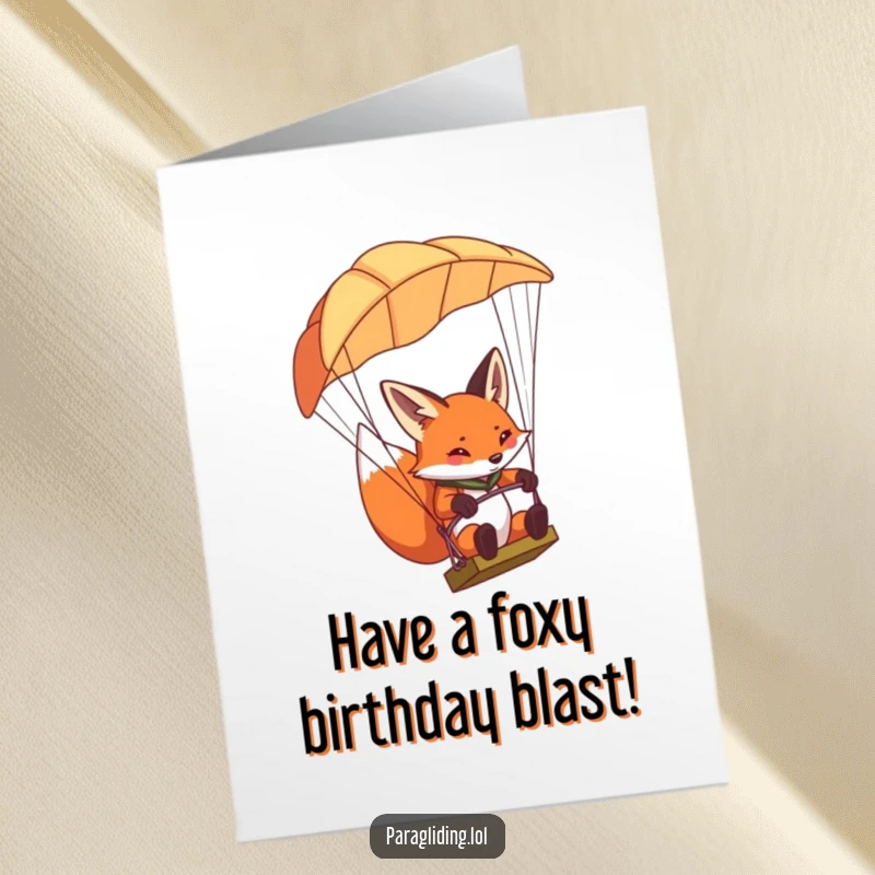 Funny Free Printable Birthday Card: Determined fox concentrating while paragliding, an adventurous downloadable art for birthdays.