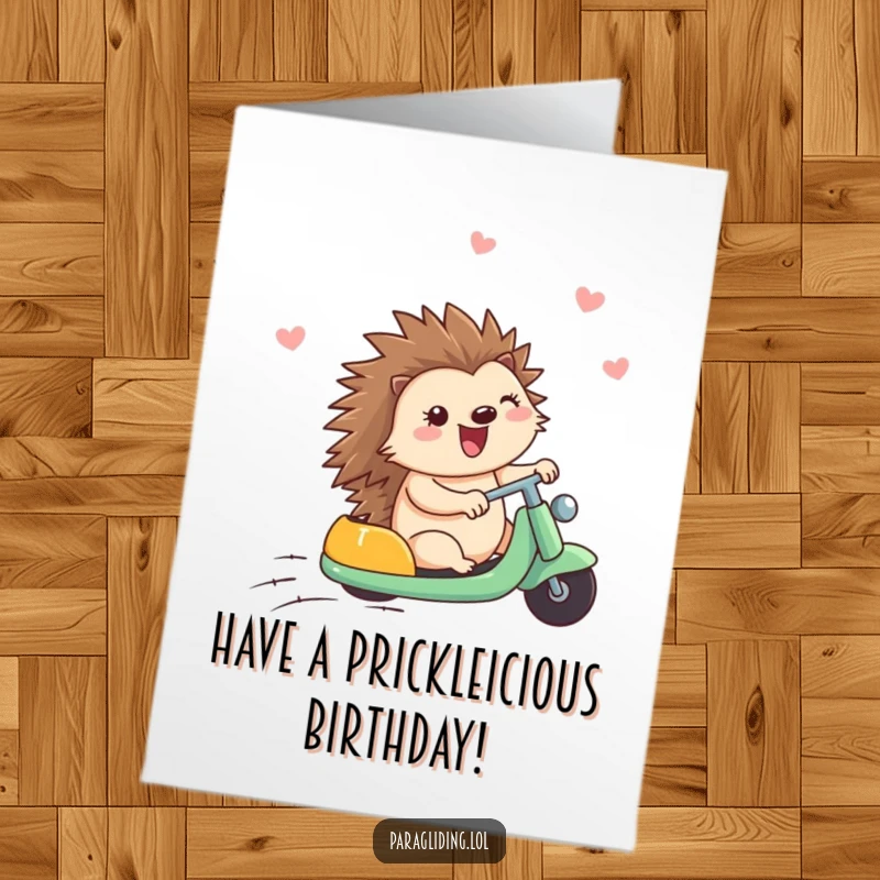 Funny Free Printable Birthday Card: A happy hedgehog enjoys a breezy ride, celebrating the birthday.