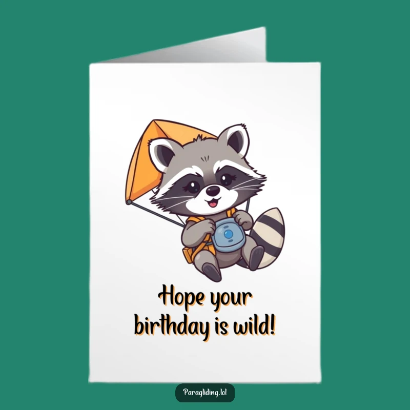 Free Printable Birthday Card: Mischievous Raccoon Paraglider, Funny Downloadable Gift!