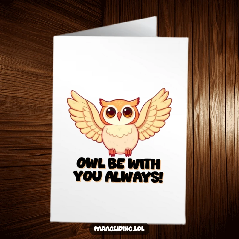 Funny Free Printable Birthday Card: A happy owl soaring through the sky with its wide wings spread, conveying birthday joy. Downloadable.