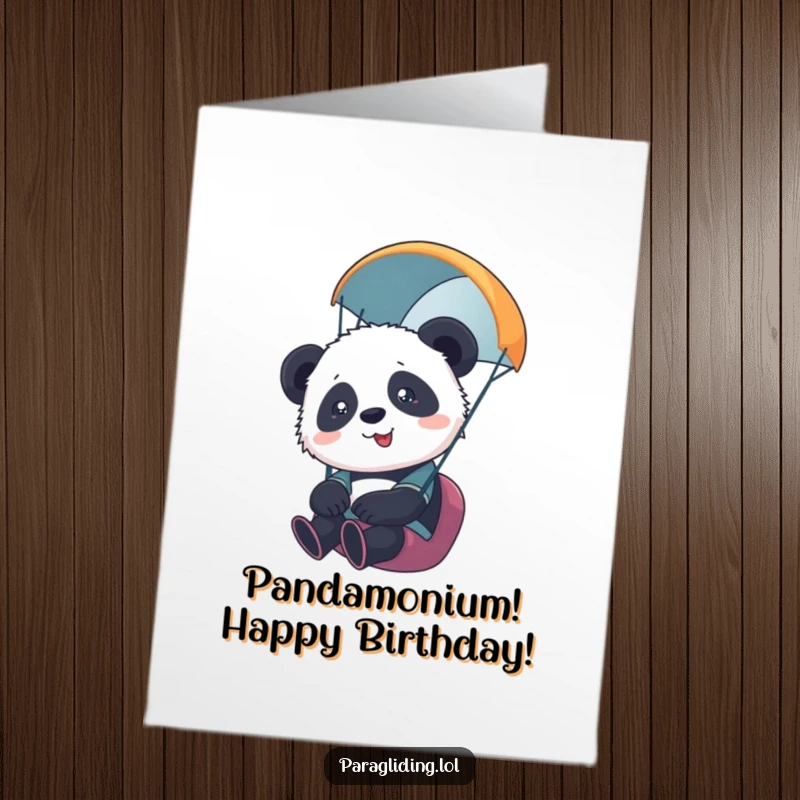 Funny Free Printable Birthday Card: Overwhelmed panda cub paragliding, a hilarious DIY greeting for a good laugh.