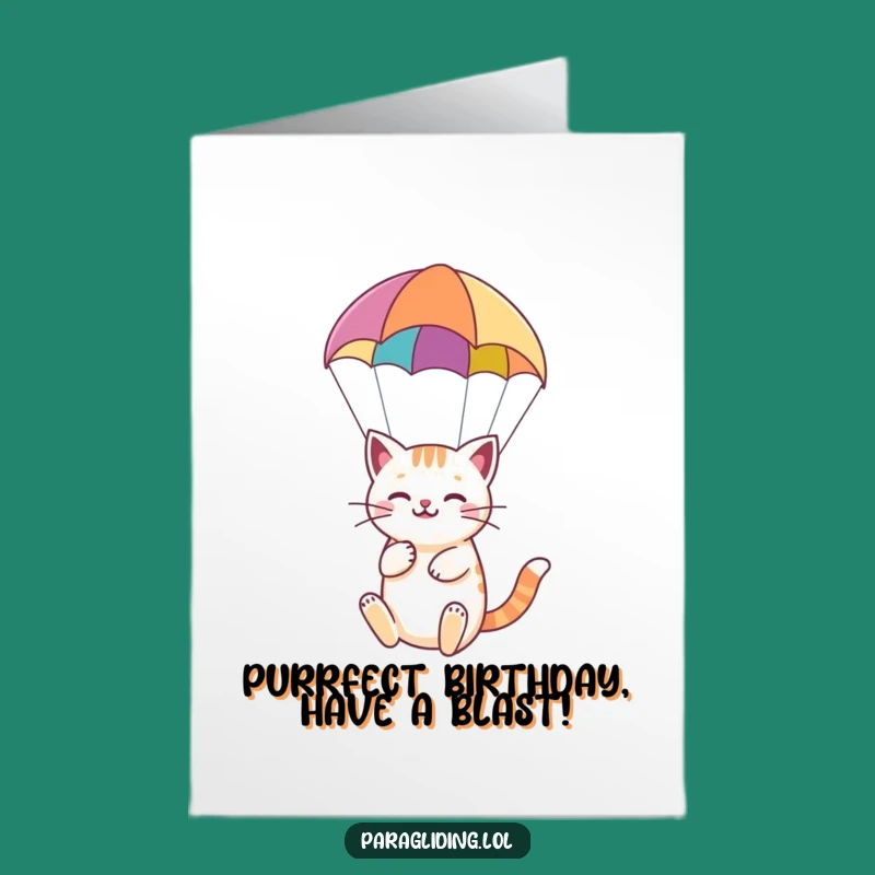 Free Printable Birthday Card: Happy Cat Paragliding - Whimsical Downloadable Gift