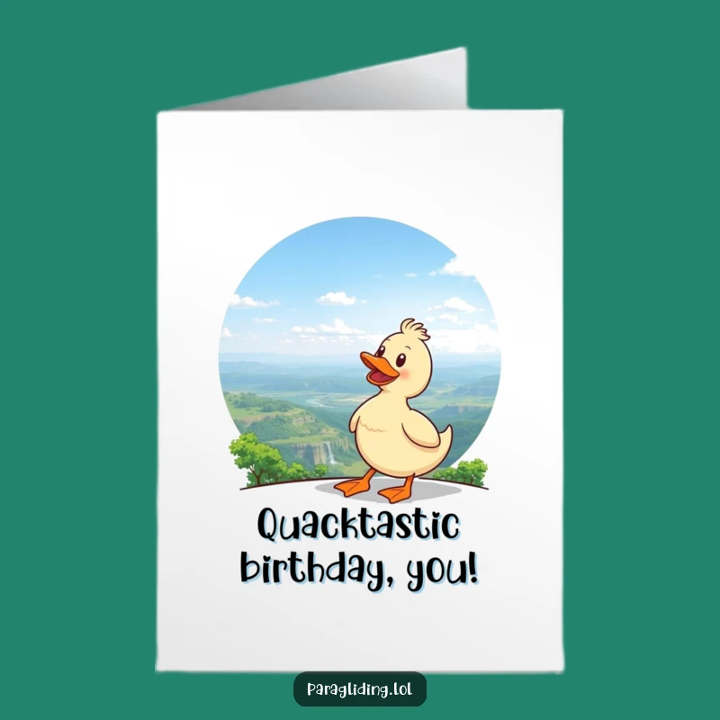 Free Printable Birthday Card: Delighted Duck Gazing Over Landscape for a Joyful Celebration