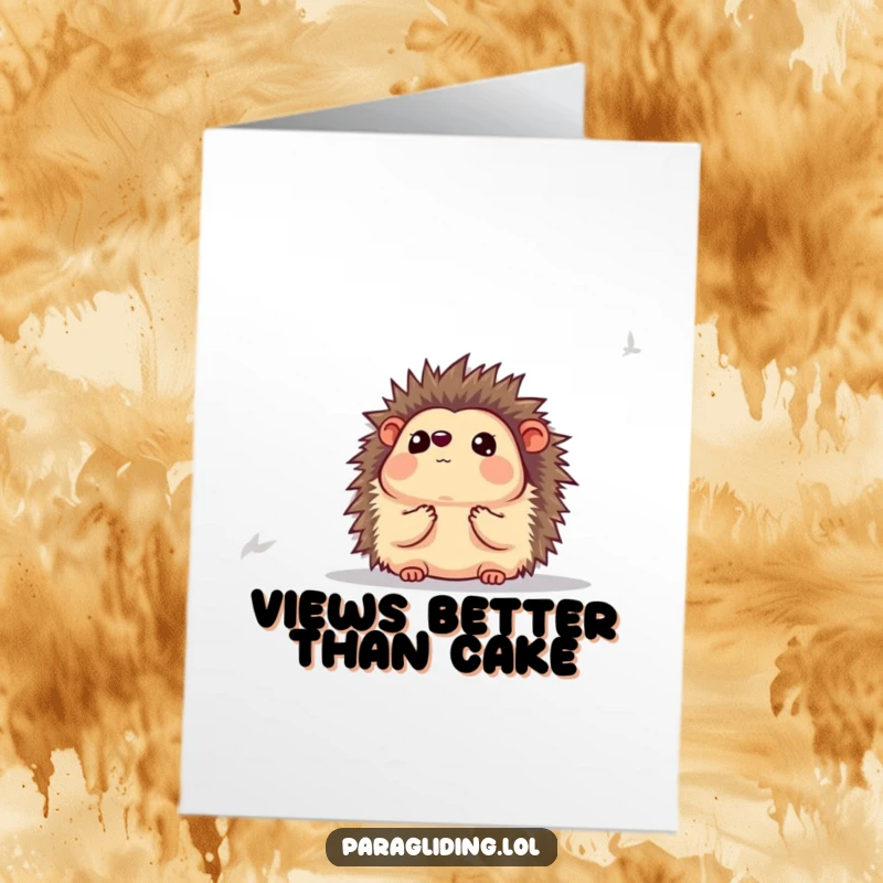 Funny Free Printable Birthday Card of a charming hedgehog looking awestruck at the view below, a lovely downloadable gift.