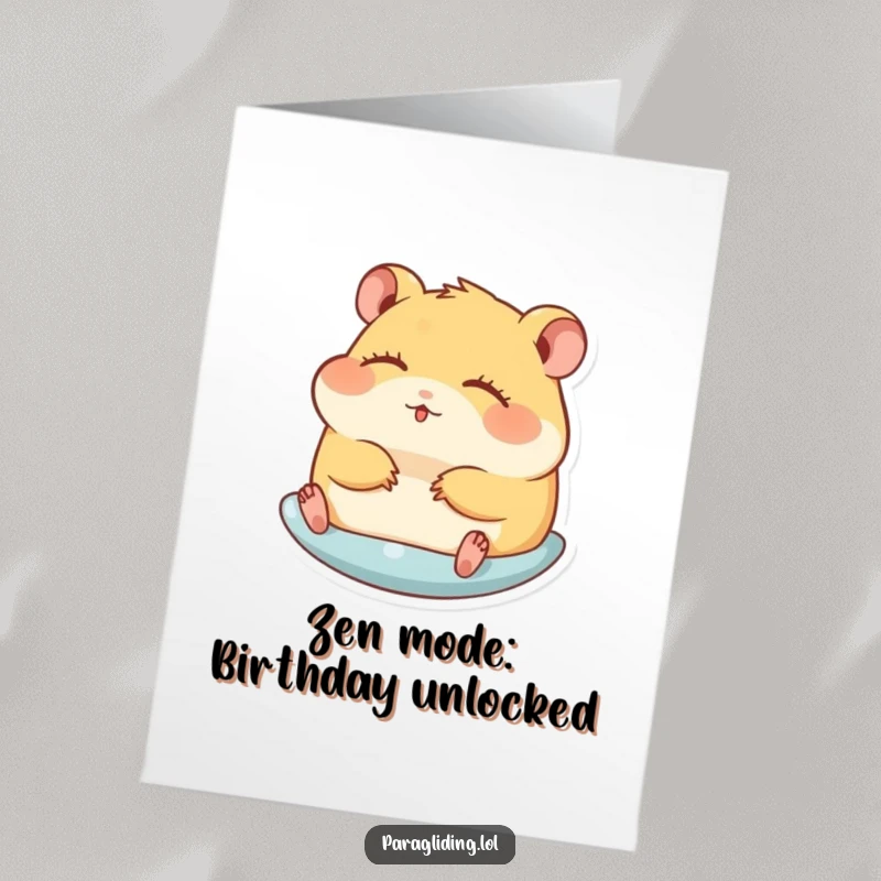 Funny Free Printable Birthday Card of a hamster enjoying a peaceful glide with closed eyes, perfect for a downloadable gift.