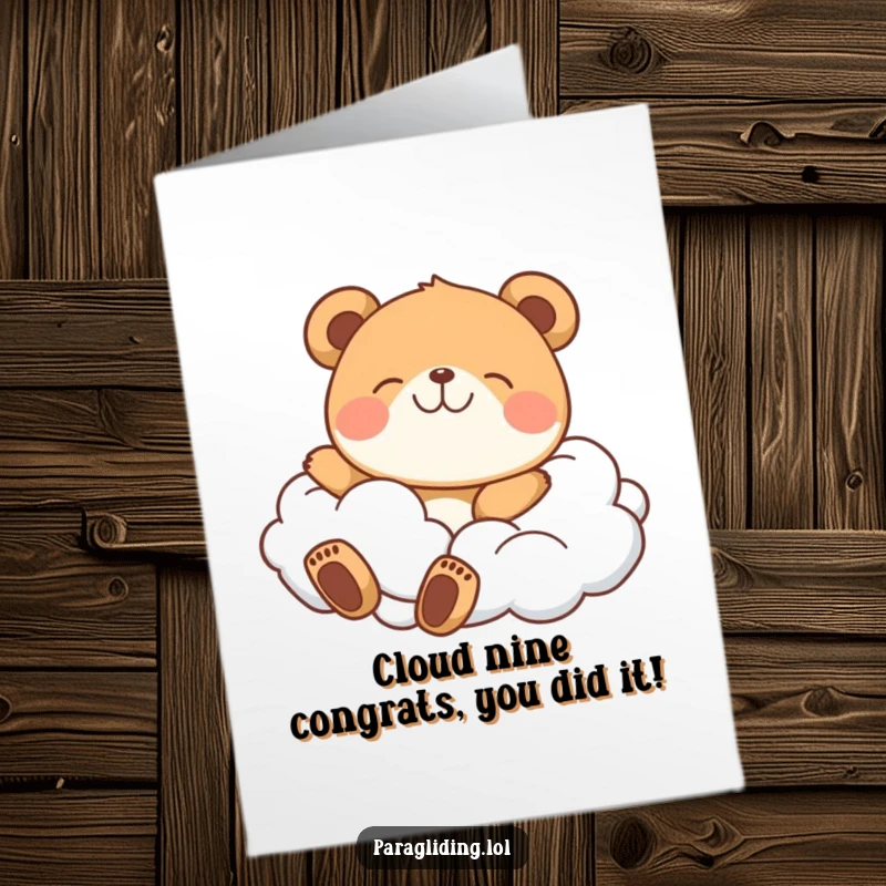 Funny Free Printable Congrats Card: A cheerful bear enjoying a peaceful drift among soft, fluffy clouds, celebrating success.