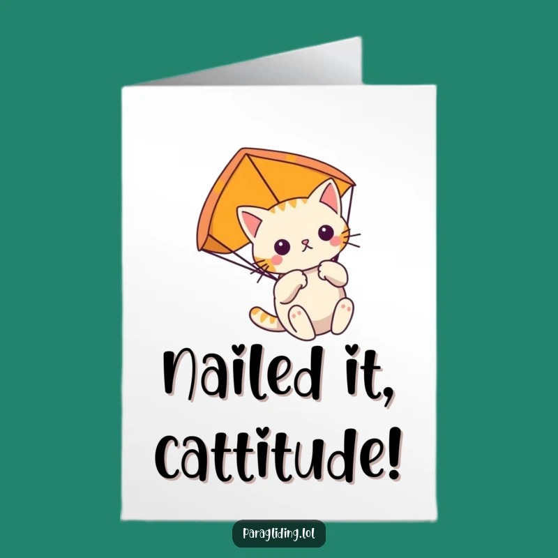 Free Printable Cat Paragliding Congrats Card: Unique Downloadable for Steady Success!