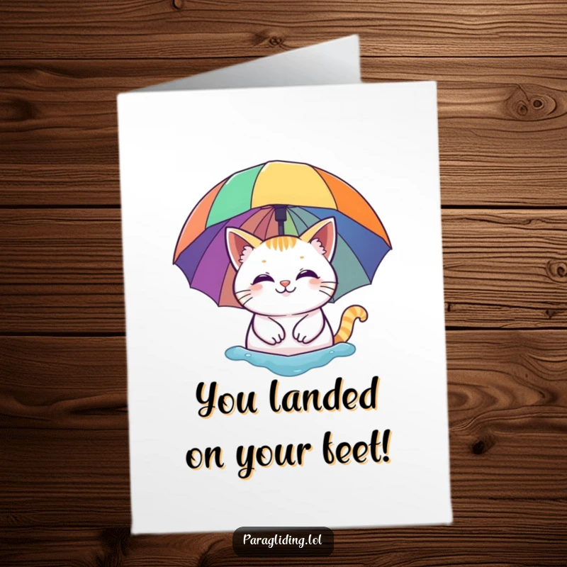 Free Printable Congrats Card: A contented smiling cat peacefully floats under a bright, colorful rainbow umbrella.