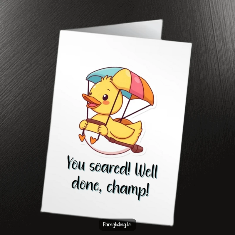 Funny Free Printable Congratulations Card: Cheerful duck happily paragliding, enjoying the view, perfect for congrats.