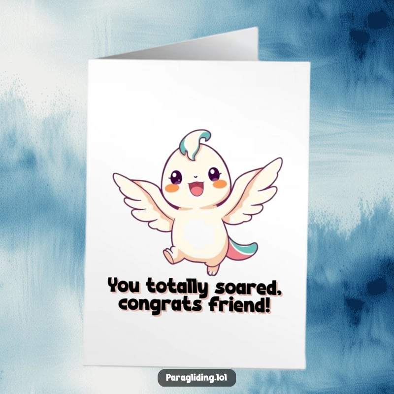 Funny Free Printable Congratulations Card: Happy winged angel descending with a huge smile, perfect for celebration.