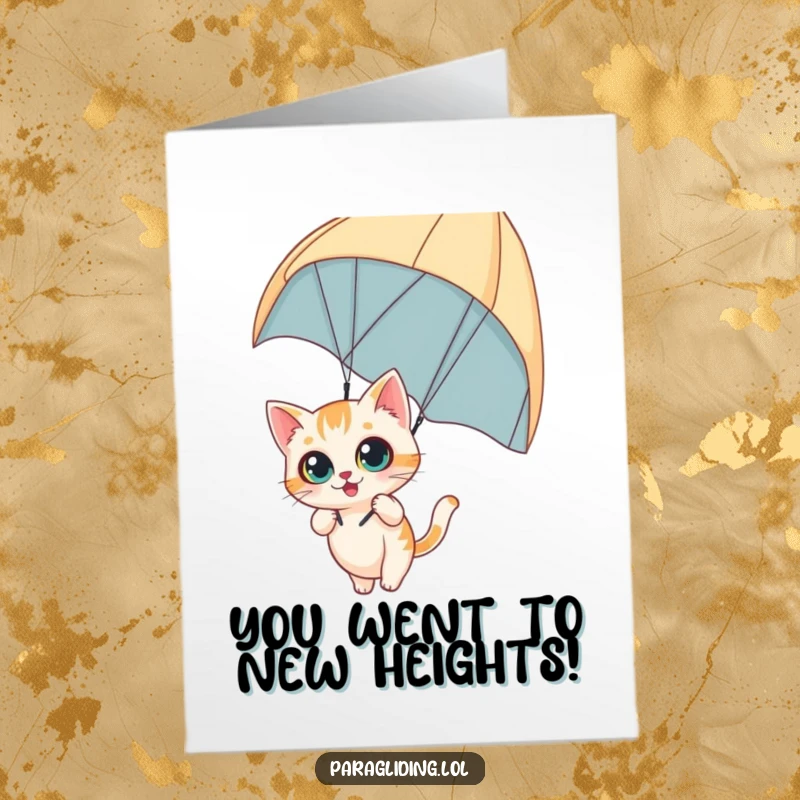 Funny Free Printable Congratulations Card showing a curious cat with wide eyes dangling from a paraglider, celebrating a daring feat.