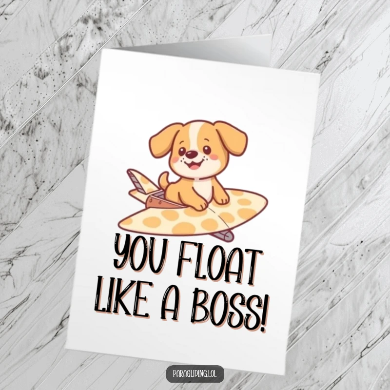 Funny free printable congratulations card depicting a joyful dog relaxing as it glides gently on a patterned glider.
