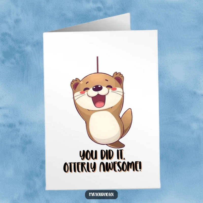 Funny Free Printable Congratulations Card: Excited otter suspended in air, celebrating achievements with downloadable art.