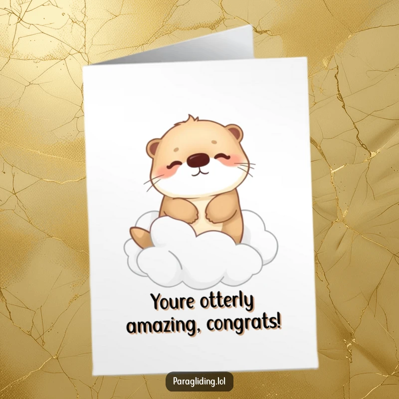 Funny Free Printable Congrats Card: Happy otter floats on clouds, calm DIY congratulations, downloadable art.