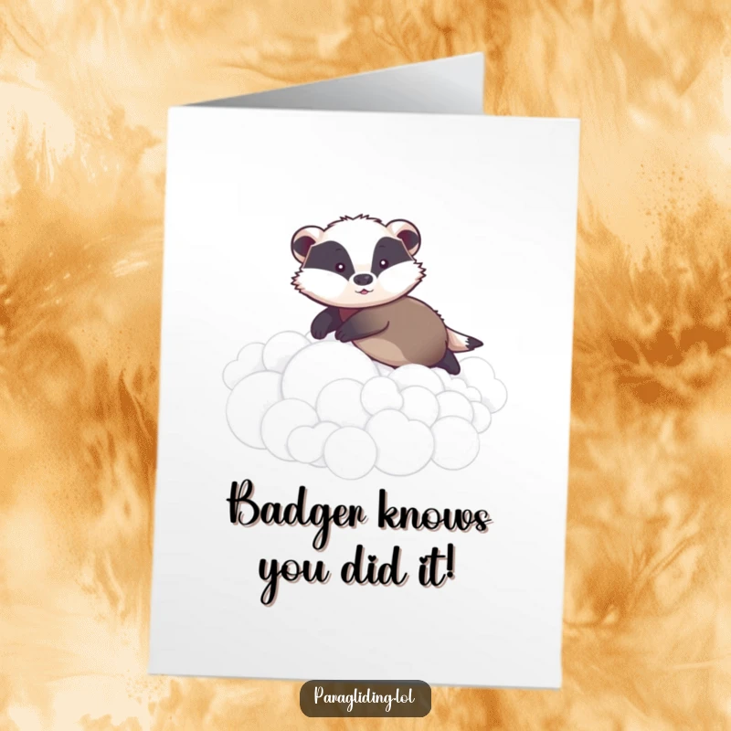 Funny Free Printable Congratulations Card: A graceful badger smoothly gliding over fluffy clouds, conveying congratulations calmly.