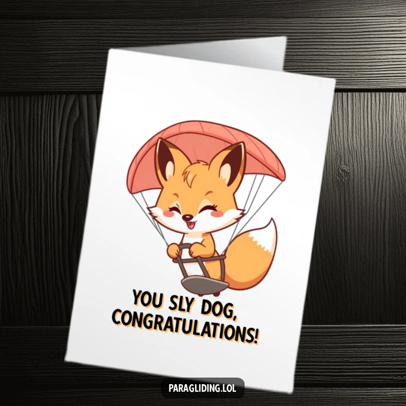 Funny Free Printable Congratulations Card: A smiling fox gracefully piloting a paraglider, celebrating a milestone.