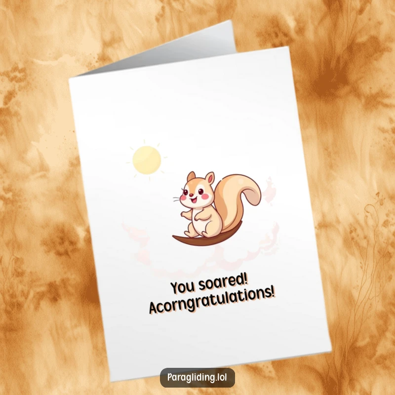 Funny Free Printable Congrats Card: A happy squirrel glides effortlessly through the clouds, symbolizing success and good fortune.