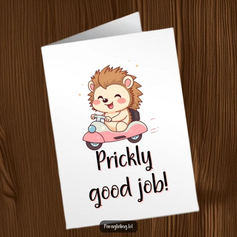 Funny Free Printable Congratulations Card: Happy hedgehog enjoying a breezy ride, celebrating smooth success