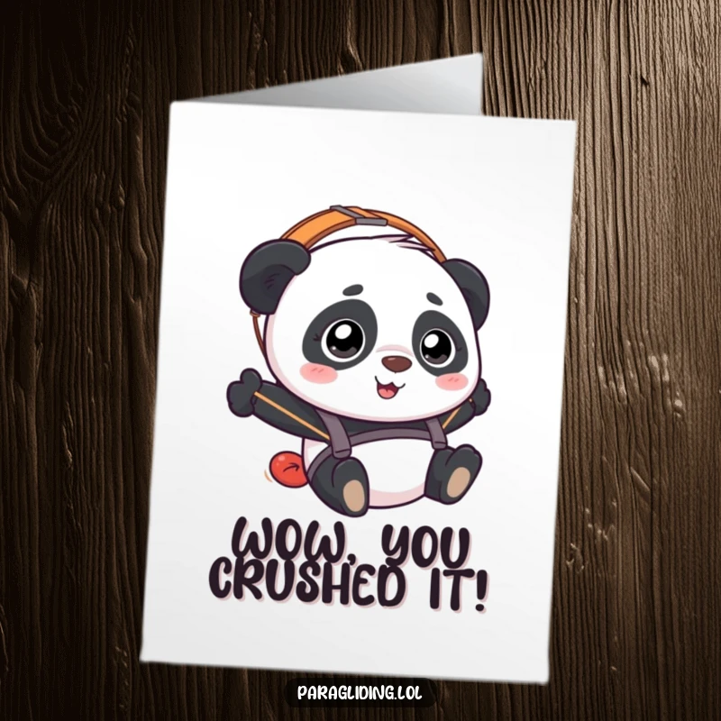 Funny Free Printable Congrats Card: A happy panda looking bewildered while paragliding, celebrating success.