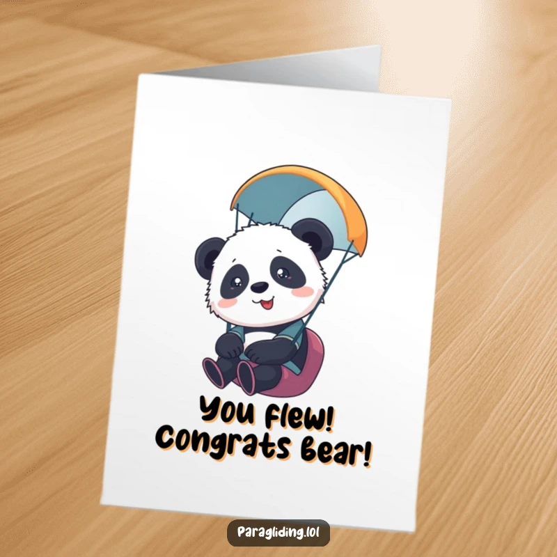 Funny Free Printable Congrats Card: Panda cub paragliding, a delightful downloadable greeting for celebrating success.
