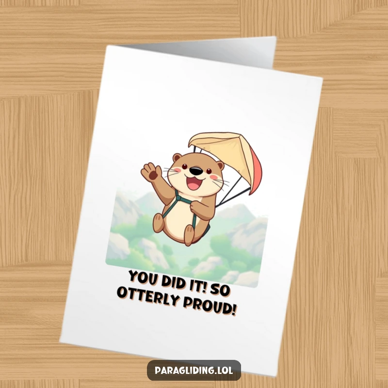 Free Printable Congratulations Card: Cheerful otter paragliding, celebrating a successful flight, funny downloadable.