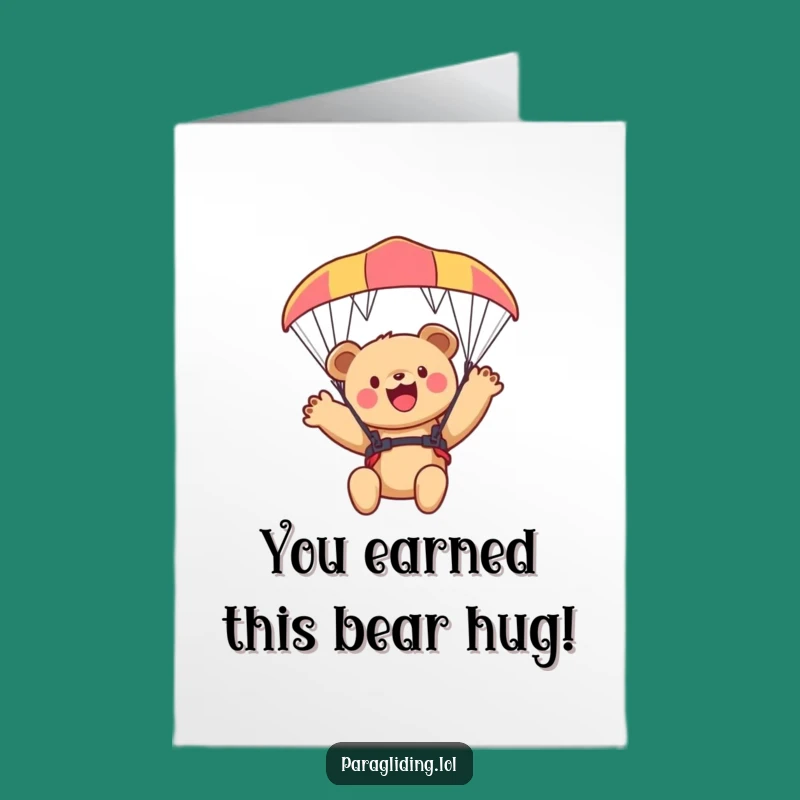 Free Printable Funny Bear Cub Congrats Card: Paraglider Adventure Downloadable Gift