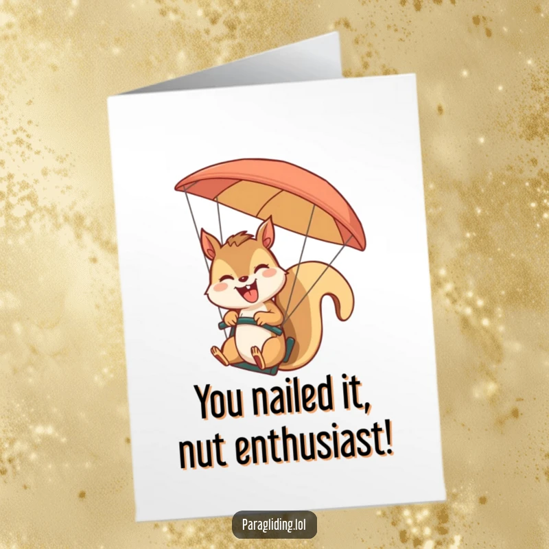Funny Free Printable Congratulations Card: A cheerful squirrel giggles as it navigates its paraglider, celebrating new heights achieved.