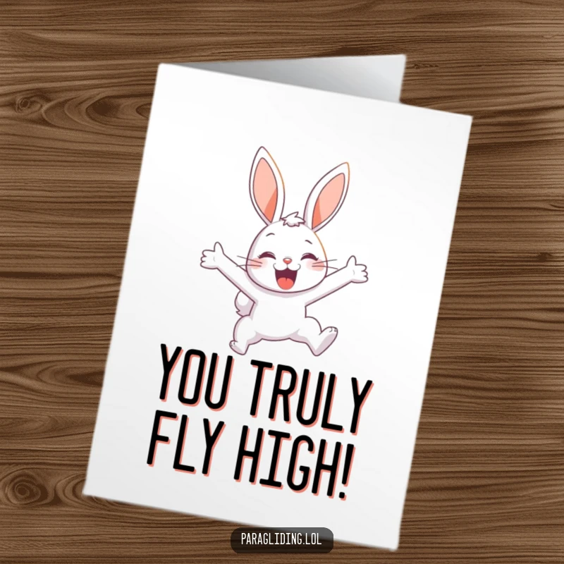 Funny Free Printable Congratulations Card: A bunny soars through the sky with a delighted expression, celebrating achievements with joy.