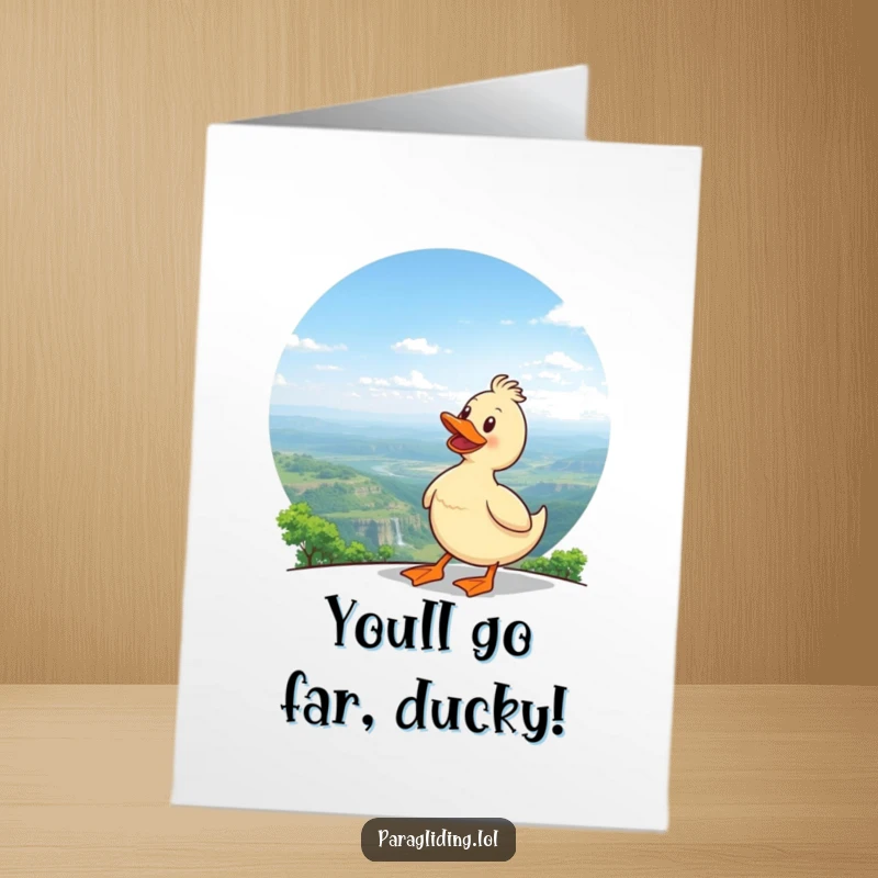 Funny Free Printable Congratulations Card: A delighted duck looking out at a beautiful landscape, celebrating a momentous occasion.