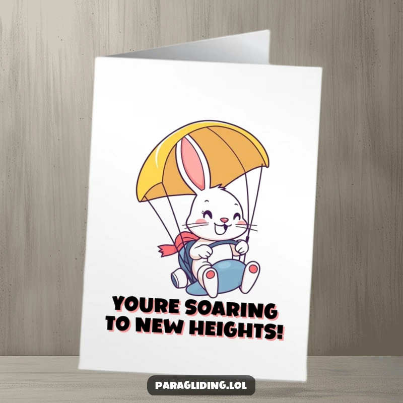 Funny Free Printable Congrats Card: Determined bunny paraglides with a grin, adventurous DIY congratulations, downloadable art.