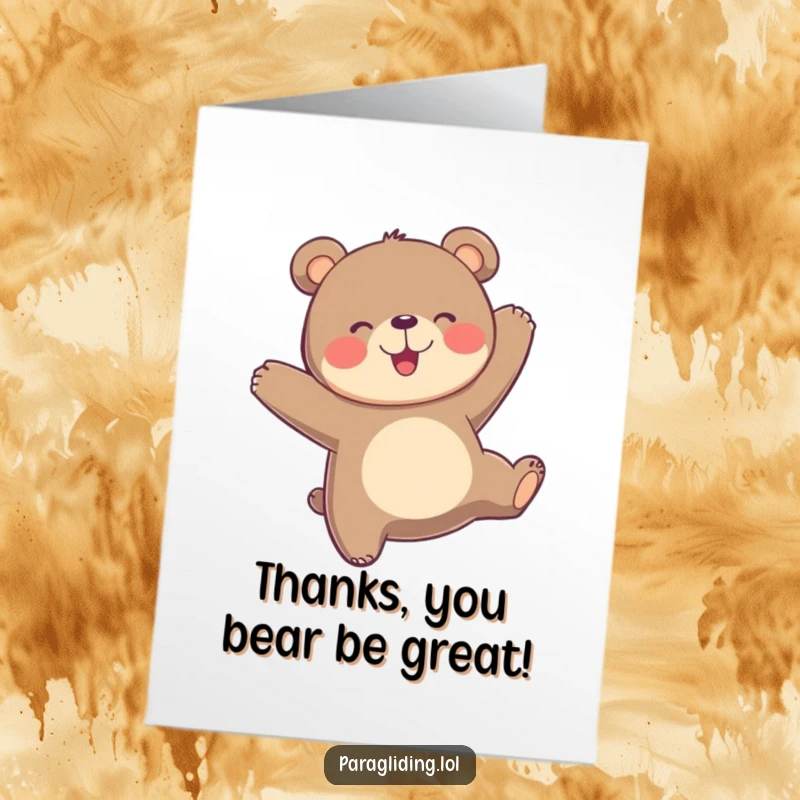 Funny Free Printable Thank You Card with a playful bear joyfully bobbing in its paraglider.