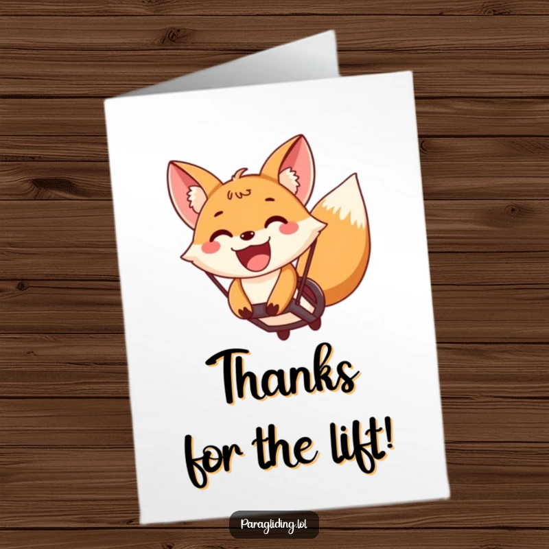 Funny Free Printable Thank You Card featuring a super happy fox paragliding, expressing heartfelt thanks.