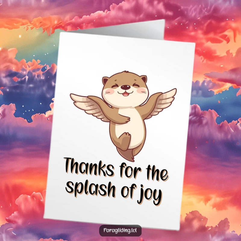 Funny Free Printable Thank You Card: A giggling otter dances playfully in the breeze while soaring through the sky, expressing thanks.