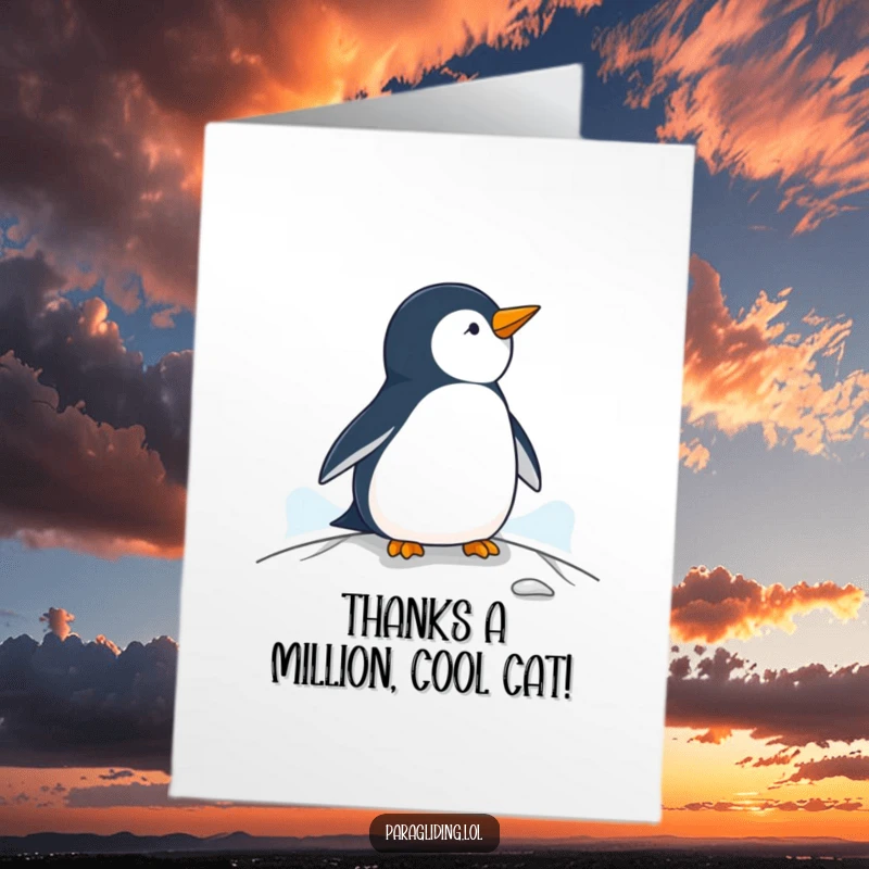 Funny Free Printable Penguin Thank You Card: A penguin calmly taking in the scenery from its elevated position, a peaceful thank you.