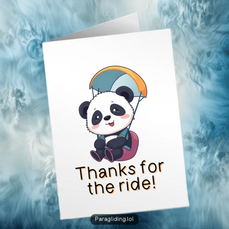 Funny Free Printable Thank You Card: Panda cub paragliding, a sweet and humorous downloadable message of thanks.