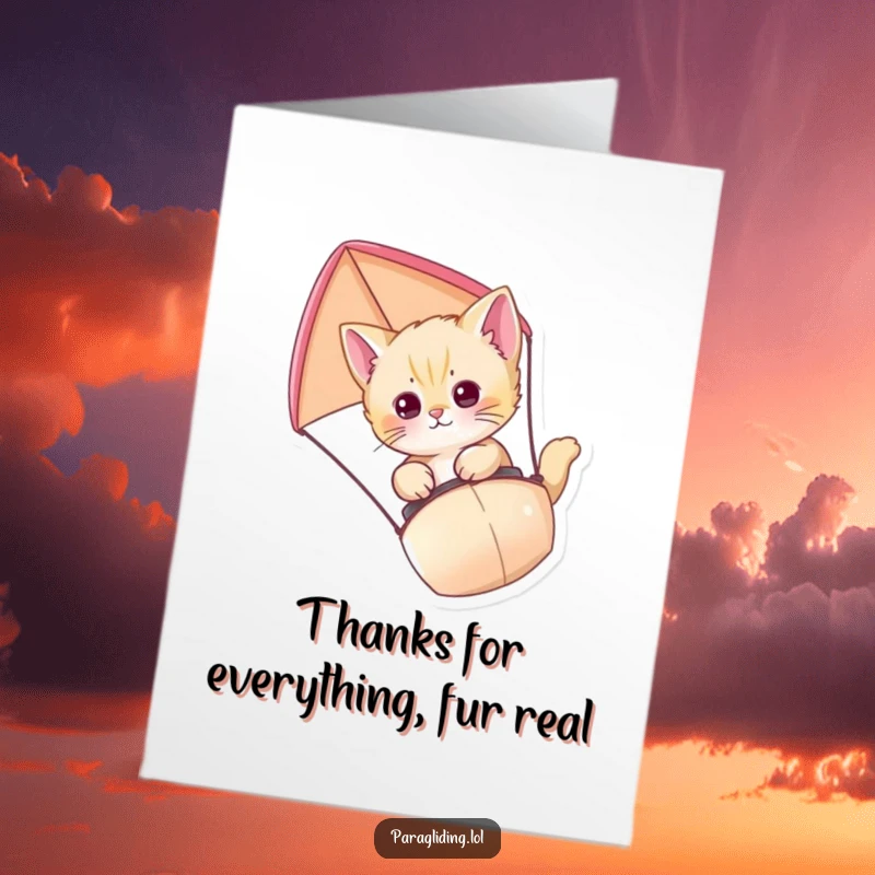 Funny Free Printable Thank You Card: A cute kitten paragliding with a grateful expression, sending thanks.