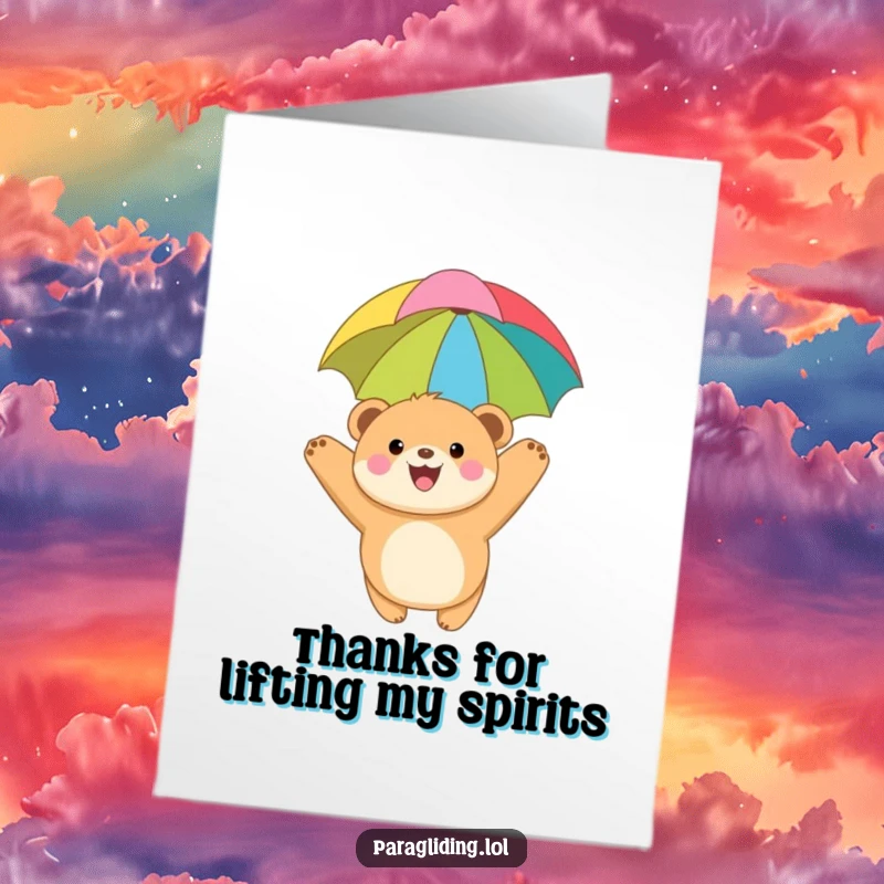 Funny Free Printable Thank You Card: Bear cub paraglides joyfully, sweet DIY thank you, downloadable art.
