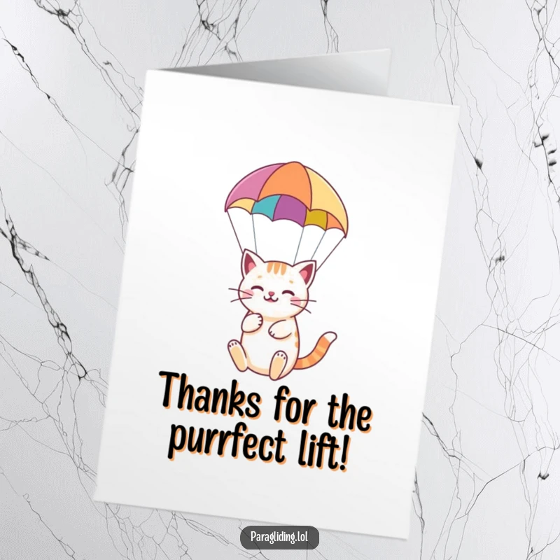 Funny Free Printable Thank You Card: A relaxed cat drifting under a paraglider, conveying thanks with a peaceful and charming gesture.