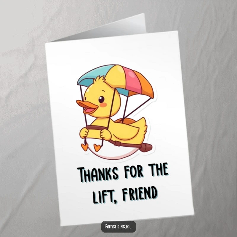 Funny Free Printable Thank You Card: Cheerful duck paragliding with joy, enjoying the view, expressing thanks.