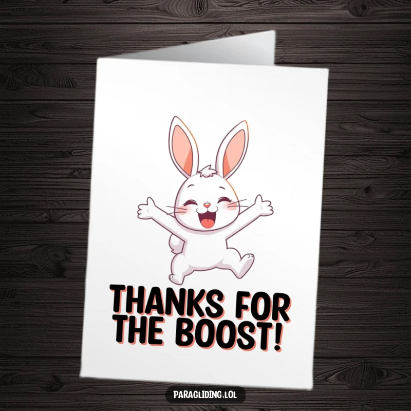 Funny Free Printable Thank You Card: A bunny soars through the sky with a delighted expression, a joyful way to say thanks.