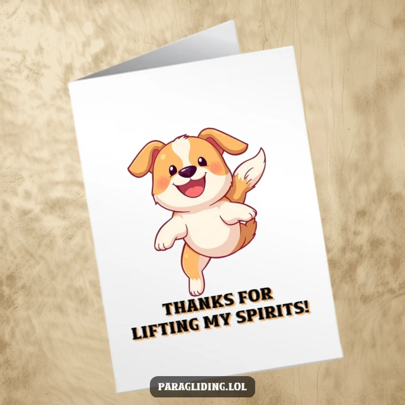 Funny Free Printable Thank You Card: A joyful dog soaring through the clouds with a grin, expressing heartfelt thanks with enthusiasm.