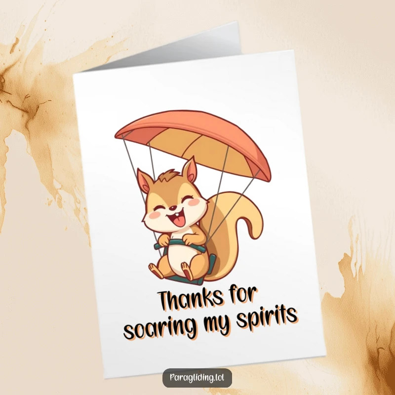 Funny Free Printable Thank You Card: A joyful squirrel hangs from a paraglider, giggling and waving as it enjoys the breezy journey.