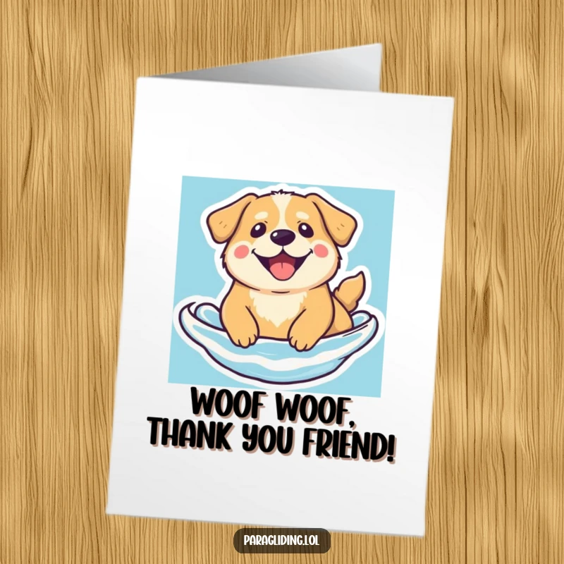 Funny Free Printable Thank You Card: Beaming dog floating blissfully, expressing gratitude with downloadable art.