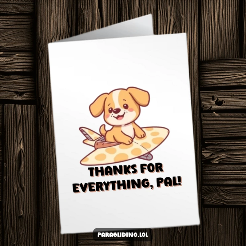Funny free printable thank you card showing a happy dog calmly drifting on a large, patterned glider, a picture of contentment.